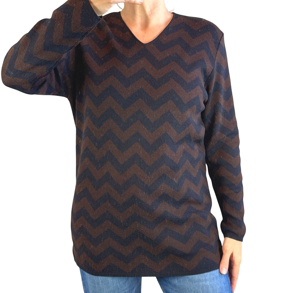 Classiques Entier V-Neck Tunic Sweater Size M Chevron Brown Black‎ Merino Wool
